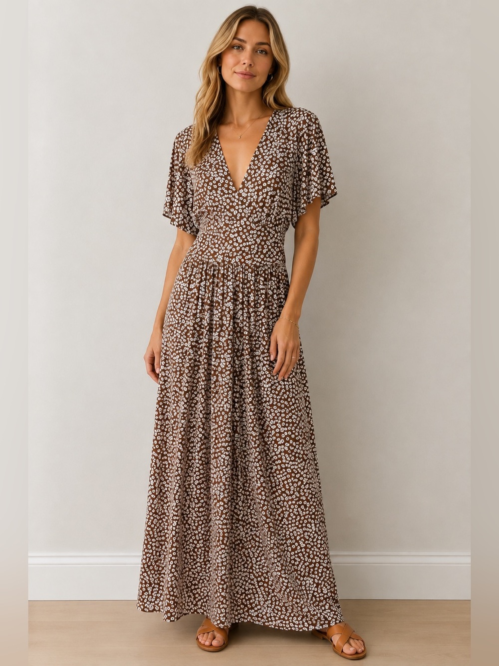 Au Soleil St. Tropez Romy Floral Maxi Dress Brown Long Size Small 608
